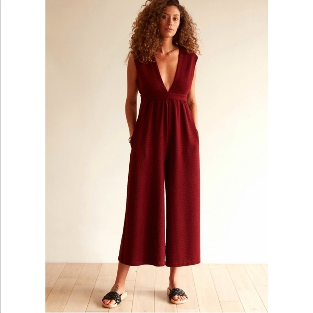 The Odells Paloma Burgundy Deep V Straight Leg Jumpsuit XS